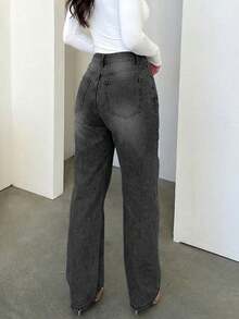 Quần jeans nữ dáng suông rộng, tối giản, cạp chun, phong cách retro. - Xám - Xem 3
