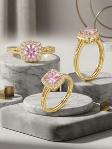 1 Stück exquisiter modischer 18K Gold Kupfer + rosa quadratischer Zirkonia offener Ring für Kinder und Teenager, Geschenk für Mütter, Geschenk für Lehrer, Boho Sommer Strand Reise Party Essential, Rave/Ball/Party/Alltags Accessoires, goldgelber Schmuck, Geschenk zum Schulanfang, Geburtstagsgeschenk - Gold - Übersicht 4