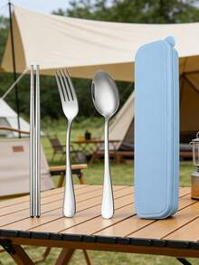 4pcs Stainless Steel Cutlery Set With Utensil Case, Portable Flatware For Outdoor Camping, Work, Back To School - Silver - View 1