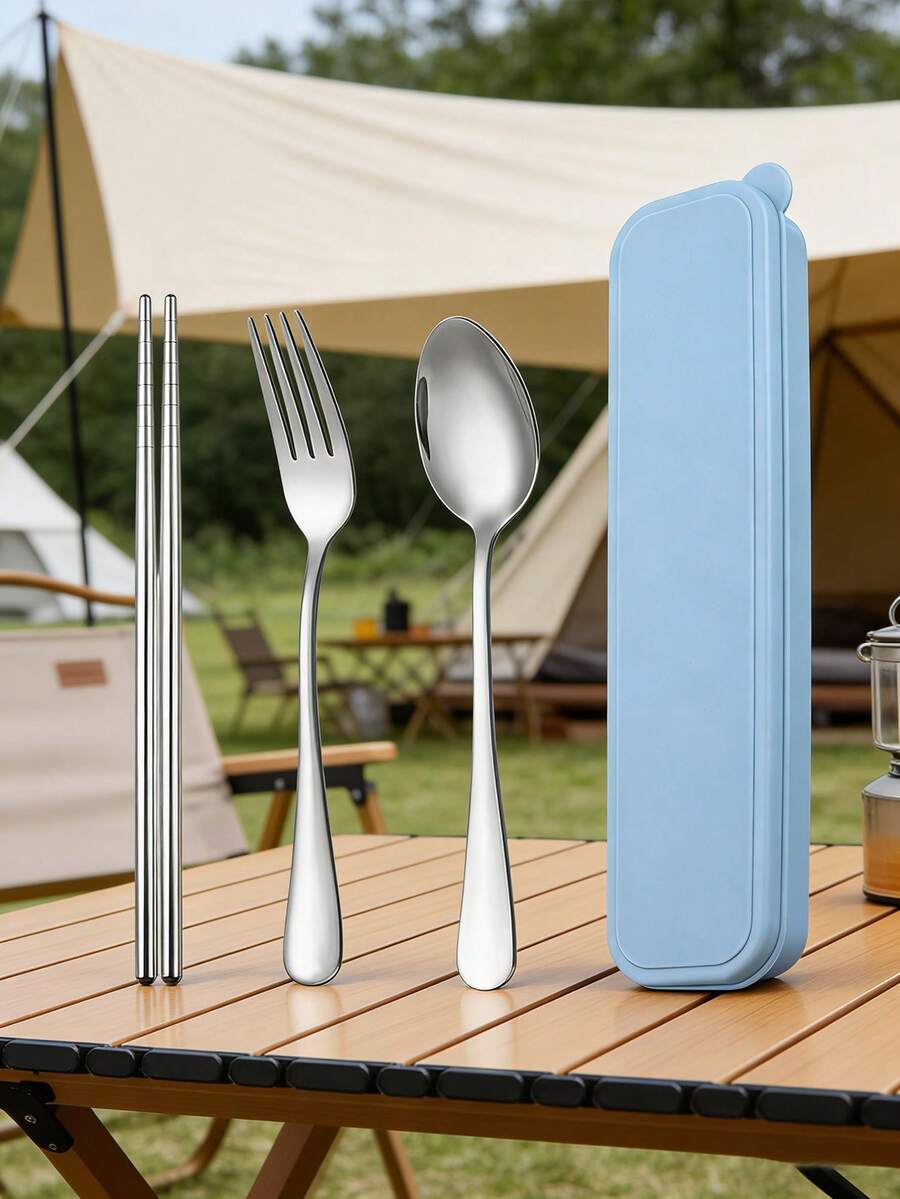 4pcs Stainless Steel Cutlery Set With Utensil Case, Portable Flatware For Outdoor Camping, Work, Back To School - Silver - View 1