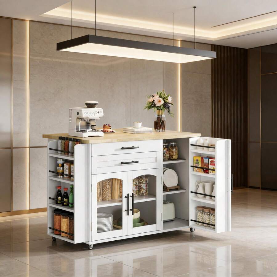Îlot de cuisine mobile avec plan de travail rabattable, chariot de cuisine, 5 roulettes, multiples solutions de rangement, porte-épices, tiroir à couverts, 120 * 45 (70) * 90 cm - Naturel + Blanc + MDF + Salle à manger - Voir 1