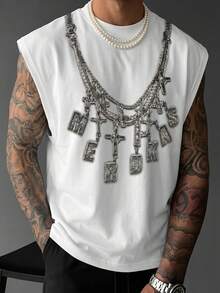 男士宽松无袖T恤，饰有数字印花、3D立体十字架吊坠和字母图案，展现Y2K嘻哈街头风格，柔软透气，夏季款 - 白色 - 查看 3