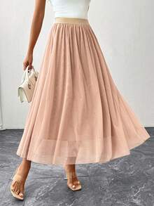 女士弹力腰带飘逸网纱长裙，适合夏季度假和优雅派对穿着，春季款 - 杏色 - 查看 1