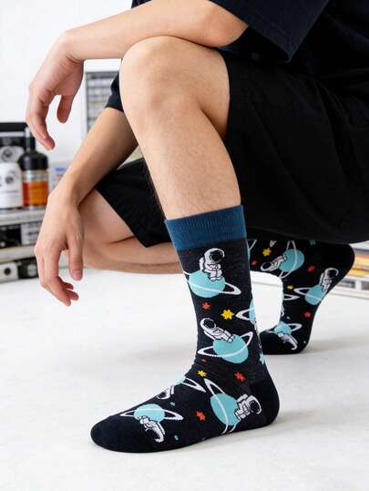 1 đôi tất dài đến bắp chân, kiểu dáng unisex, chủ đề phi hành gia, thoải mái, thường ngày.