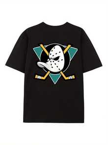 Replica American Sports Mens Graphic T-Shirts Ice Hockey Duck Logo, Retro Pattern T-Shirt, Interpretation Of Sports And Time-Round Neck, Classic Version, Soft And Comfortable, Unisex, Casual Style Of T-Shirt Collection, Micro-Elastic Fabric, Summer. - 黑色 - 查看 4