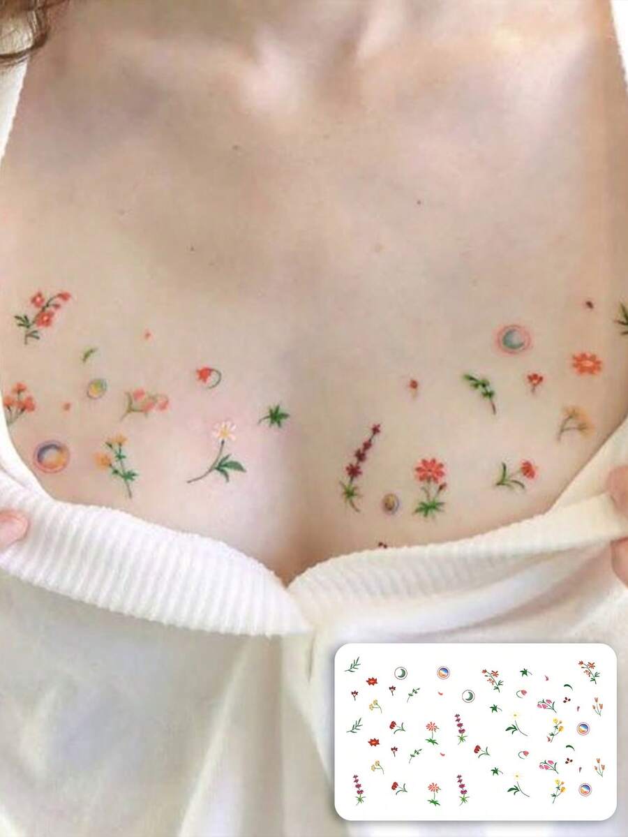 1pc Washable Ins-Style Niche Healing Tattoo Sticker, Scattered Flowers + Planets, Waterproof Non-Fading Mori Style Fresh Fake Arm Tattoo Sticker For Women - Multicolor - View 1