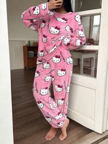 SANRIO Hello Kitty 女士长袖长裤两件套加绒睡衣套装，可爱珊瑚绒保暖睡衣，适合秋冬季穿着 - 西瓜粉 - 查看 2