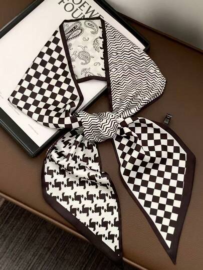 1pc Women's Double-Sided Houndstooth & Cashew Print Fashion Silk Scarf/Headband, Ideal Choice To Enhance Your Overall Look