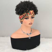 Black Curly Wig With Red Butterfly Print Headwrap – Synthetic Hair, Easy Wear Turban Style - Black - View 5