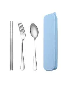 4pcs Stainless Steel Cutlery Set With Utensil Case, Portable Flatware For Outdoor Camping, Work, Back To School - Silver - View 6