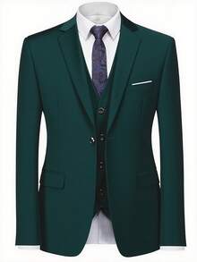 Men's 3-Piece Suit Set (Jacket + Vest + Trousers) - Formal Attire Ideal For Business Meetings And Sophisticated Gatherings; Perfect For Grooms And Groomsmen. - Màu xanh lá cây đậm - Xem 8
