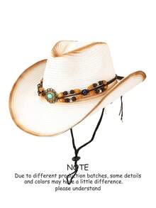 1pc Western Cowboy Hat, Bohemian Beaded Bowknot Teardrop Painted Windproof Rope Design Woven Panama Hat, Versatile For Various Occasions Like Parties, Western Themed Events, Graduation, Masquerade, Festivals, Birthdays, Photography, Hiking, Suitable For Men,Summer,Beach,Holiday - Top Hat - View 3
