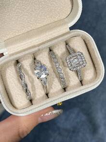 Set de 4 anillos con piedras de circonita cúbica elegantes en caja de regalo, adecuado para mujeres, aplicable para boda, compromiso, fiesta de aniversario, regalo de joyería para el Día de San Valentín y talla grande - 1# - Ver 2