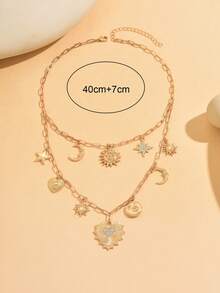 1pc Creative Multi-Element Pendant Necklace, Fashionable Elegant Heart, Star, Moon Design, Versatile For Daily Wear, Vacation, Party, Adjustable Chain Length - Gold - View 4