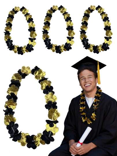 10pcs Black & Gold Flower Wreaths, Graduation Wreaths, Thick Multi-Flower Neck Garlands For New Year's Eve, Graduation Ceremony, Birthday, Company Awards, Beach Wedding, Tropical Party Decor