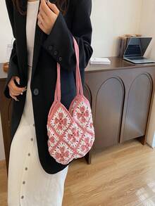 1pc Handmade Crochet Grandmother's Quilt Pattern Shoulder Tote Lunch Bag - Multicolor - View 6