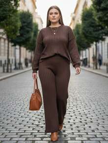 Women's Winter Mousse Knit Set - Wide-Leg Pants And Braided Blouse - 鏽棕色 - 查看 2