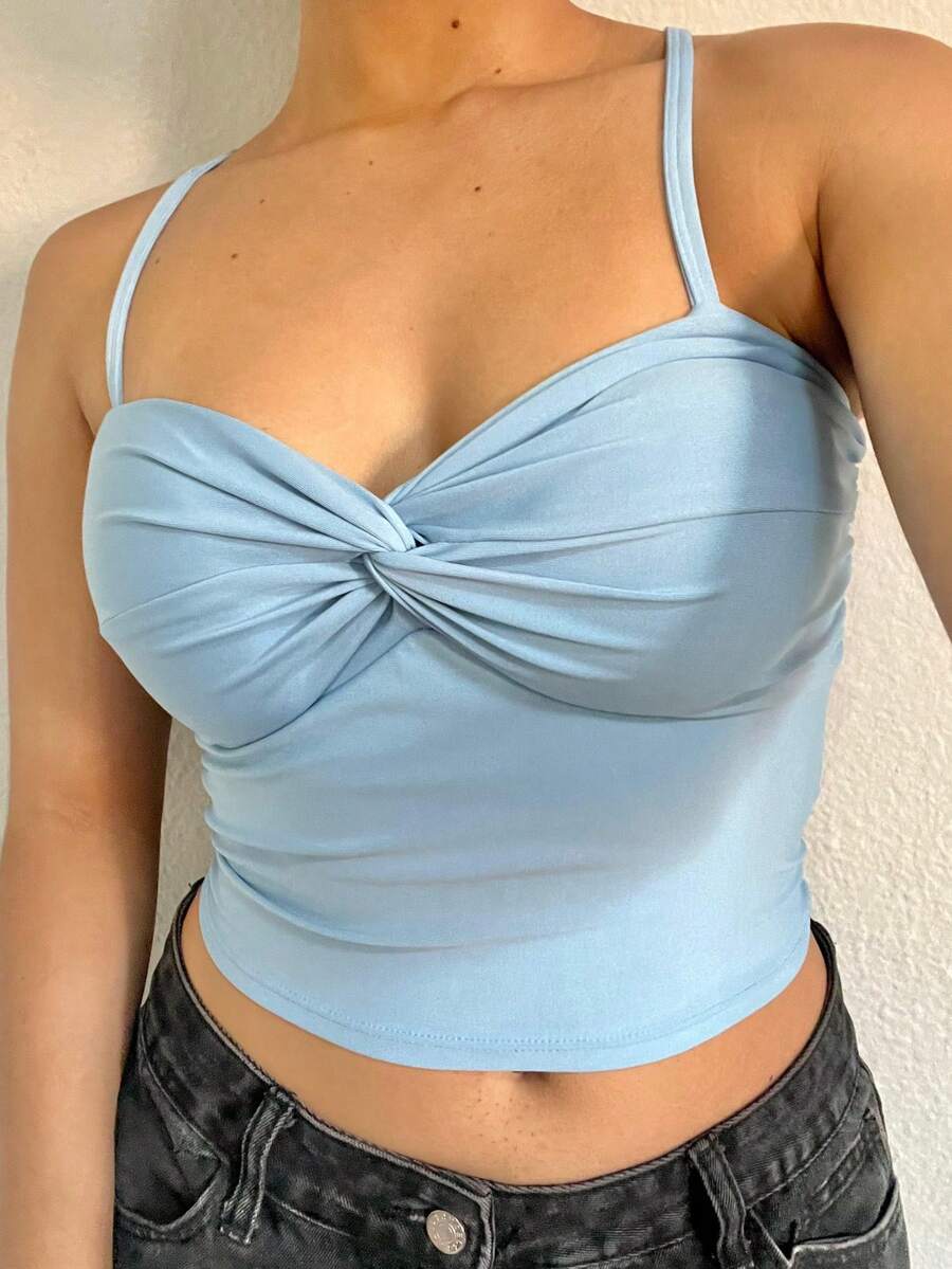 Cropped Top With Knot Detail, Padded Cups, And Crisscross Straps. - Light Blue - View 1