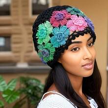 A Women's Multi-Color  Bohemian Crochet Hat, New Spring/Summer Style, Artistic Colorful Floral Hollow-Out Headwrap, Knitted Wool Hat, Beanie (Flower Color Random) - Khaki 1 - View 6