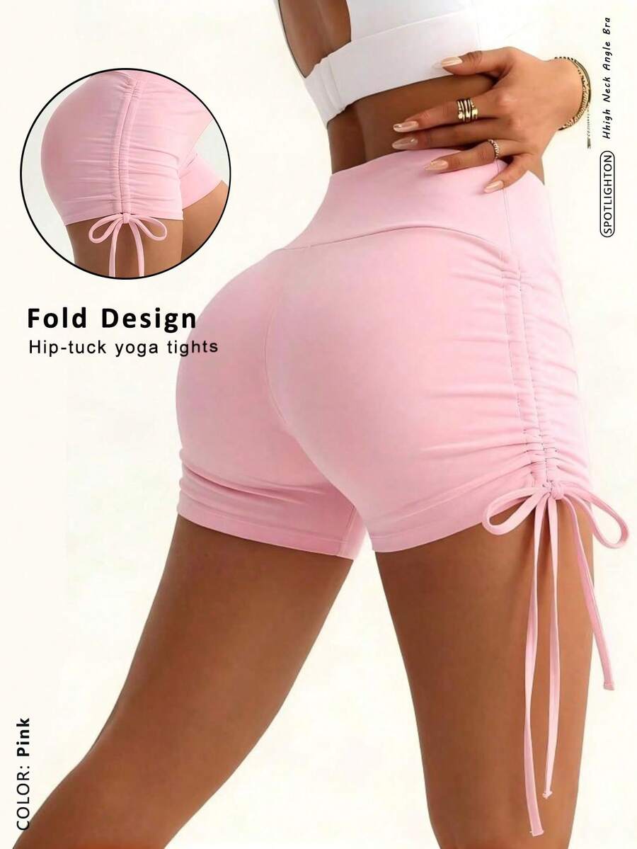 FWH Women's Energetic & Youthful Sports Shorts - High-Waisted Design With Criss-Cross Detail To Flatter The Waistline; Adjustable Drawstring At Leg For Optimized Proportions And Elongated Leg Lines; Slim-Fit Tailoring To Accentuate Curves; Elastic, Comfortable, Breathable And Moisture-Wicking Fabric, Non-Restrictive; Suitable For Fitness, Daily Outings, Campus, Casual Shopping And Outdoor Activities Summer - Pink - View 1