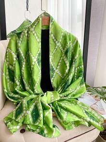 1条女士优雅几何印花轻盈丝滑围巾，用途广泛，可用于防晒、旅行、日常佩戴，适合春夏穿着。 - 綠色 - 查看 2