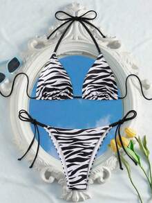 Bộ bikini hai mảnh phong cách cá tính dành cho nữ, họa tiết da báo đen trắng, thiết kế buộc dây cổ, tôn dáng vòng một, thích hợp chụp ảnh trên bãi biển. - Nhiều màu - Xem 2