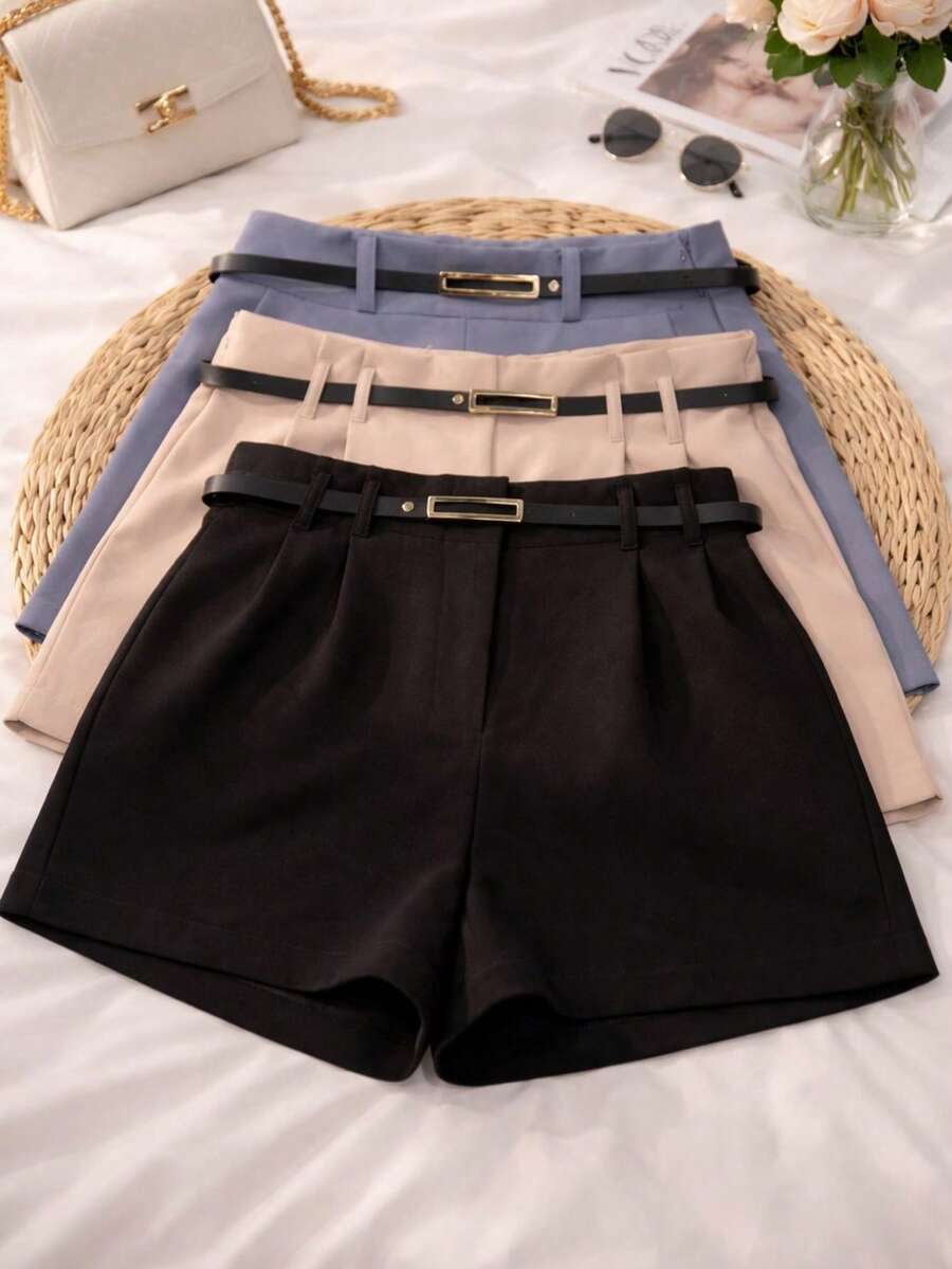 Set Of 3 Plus Size Tailored Shorts For Women With Belt - Summer 2026 - đen/xám/be - Xem 1
