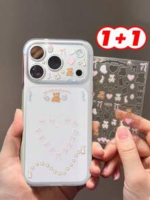 Minimalist Cartoon Elements Phone Screen Protector [1+1] 3D Embossed Stickers + Transparent Large Hole Phone Protective Case Compatible With IPhone 17 Pro Max/17 Pro, Creative DIY Decorative Stickers, Fashionable & Minimalist Mother's Day Birthday Gift - White - View 11