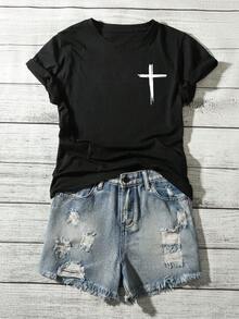 Camiseta de cuello redondo de manga corta para mujer con diseño de Jesucristo, impresión doble, cómoda y de moda para uso diario en verano, color blanco - Negro - Ver 3