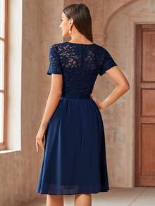 MIUSOL Elegant V-Neck Floral Lace Pleated Hem Chiffon Swing Dress, Suitable For Wedding Guests, Prom, Graduation Ceremony Summer - Navy Blue - View 3