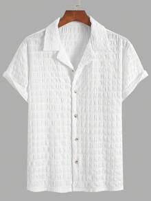Men's Popular Personalized Fashion Elastic Knit Textured Bubble Plaid Breathable Cardigan With Suit Collar And Buttons, Suitable For Casual, Commuting, Hawaiian, Bohemian Style, New Summer Short Sleeve Shirt - White - View 2