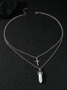 1件经典十字架和天然绿松石双层项链，男士时尚礼物 - 十字架石頭項鍊 - 查看 3