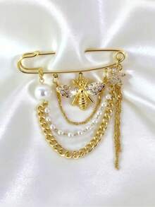 1pc Gold Bee Butterfly Rhinestone Brooch With Layered Chain Pearl Tassel Pin Vintage Style Safety Pin For Women Perfect Match Blazer Dress And Scarf Sweater Dress Accessories Pant Chain Fashion Banquet Party Jewelry Coat Accessories Ladies Gift Gifts For Mother, Father, Graduation, And Teacher - Gold - View 2