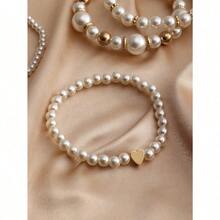 4pcsset Women Elegant Faux Pearl Beaded Bracelets Combination Fashion Party Accessories - trắng - Xem 3