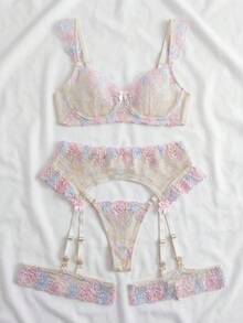 3件套女士性感梦幻炫彩刺绣文胸、吊袜带和内裤套装，薄纱内衣 - 膚色 - 查看 1