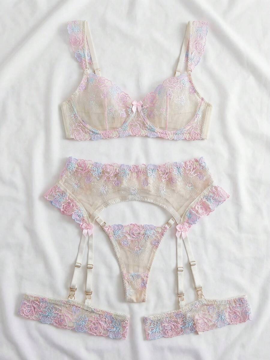 3件套女士性感梦幻炫彩刺绣文胸、吊袜带和内裤套装，薄纱内衣 - 膚色 - 查看 1