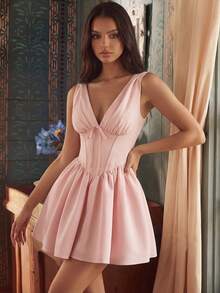 Vestido mini elegante con cuello en V, lazo, cintura fruncida y cola de pez con cremallera, adecuado para fiestas, cumpleaños, galas, bodas, eventos de cóctel, vacaciones familiares y fiestas de primavera - Rosa Pálido - Ver 1