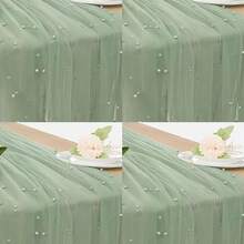 4pcs Of Elegant Green Faux Pearl Tulle Table Runners - Perfect For Weddings, Bridal Showers, And Special Occasions | Wrinkle-Resistant Embroidered Design | Suitable For Arch Decorations And Dessert Tables - Sage Green - View 1