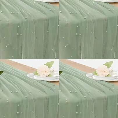 4pcs Of Elegant Green Faux Pearl Tulle Table Runners - Perfect For Weddings, Bridal Showers, And Special Occasions | Wrinkle-Resistant Embroidered Design | Suitable For Arch Decorations And Dessert Tables