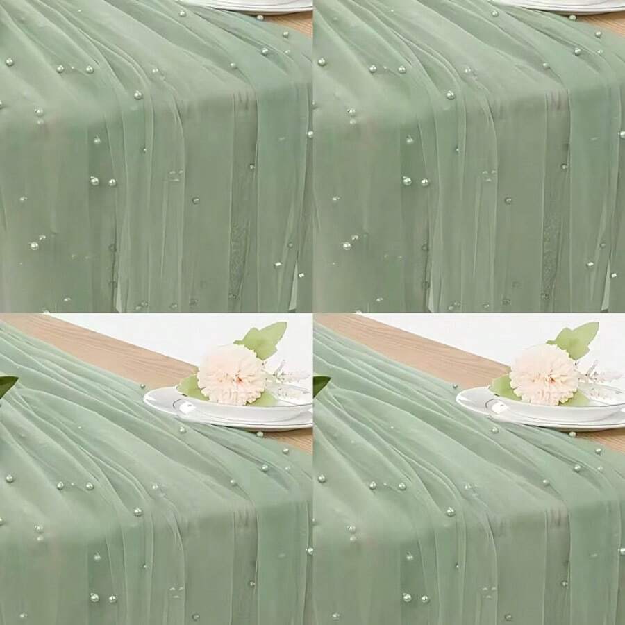 4pcs Of Elegant Green Faux Pearl Tulle Table Runners - Perfect For Weddings, Bridal Showers, And Special Occasions | Wrinkle-Resistant Embroidered Design | Suitable For Arch Decorations And Dessert Tables - Sage Green - View 1