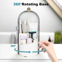 Toothbrush Holders With Sliding Lid, Rotating 3 Slots Bathroom Organizer Countertop, Tooth Brush Toothpaste Holder Bathroom Counter Stand Caddy For Vanity Makeup Brushes Holder, Home Organization Essentials (White) - White - View 3