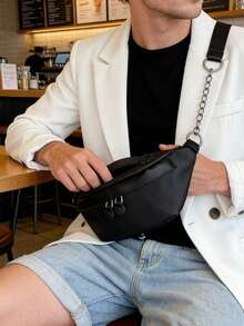 男士黑色休闲斜挎腰包，多口袋胸包，配链条肩带，适合日常和旅行 - 彩色 - 查看 3
