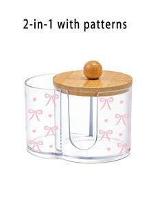 迷你粉色蝴蝶结图案二合一竹盖透明塑料收纳盒，桌面化妆品收纳盒，带双圆孔，透明双隔层化妆品收纳盒，现代梳妆台收纳盒，浴室柜收纳盒，适用于化妆刷、口红等。 - 彩色 - 查看 12