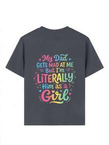 女童休闲趣味印花圆领短袖T恤，夏季上衣 - 深灰色 - 查看 6