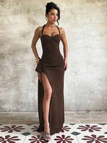 Elegant Sexy Solid Color Party Dress, Featuring Backless Design And High Asymmetric/Asymmetrical Slit Up To Thigh, Suitable For Weddings, Beach Vacations, Spring/Summer Wear - 棕色 - 查看 2