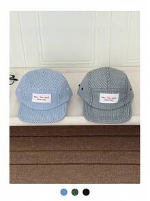 1件装清新字母贴片条纹平沿鸭舌帽，女士春夏街头复古嘻哈棒球帽 - 布標條紋 - 查看 7