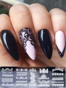 2件套优雅蕾丝美甲印花模板，蕾丝蝴蝶结花朵图案美甲烫印板，DIY美甲沙龙配件，美甲印花板，美甲工具 - 銀色 - 查看 9