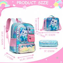 3pcs/Set Mermaid Pattern Girls Backpack Set, Including Lunch Bag And Pencil Case, For Elementary School Students - Baby Blue - View 2