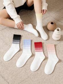 1/3/5 Pairs Random Color Women Gradient Striped Mid-Calf Socks, Ribbed Seamless Cuff Non-Slip Sports Socks - Multicolor - View 2
