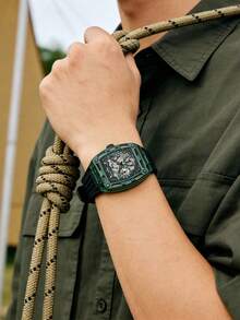 Guess 1PC Men's Quartz Watch, Multi-Color Dial, Technology Small Square Watch, Hollow Design, Showing Man, Versatile And Fashionable, Suitable For Daily Wear, As A Gift, Commemorative Day GW0499G2/GW0499G3/GW0499G4/GW0499G5/GW0499G6/GW0499G7/GW0499G8 - Green - View 4